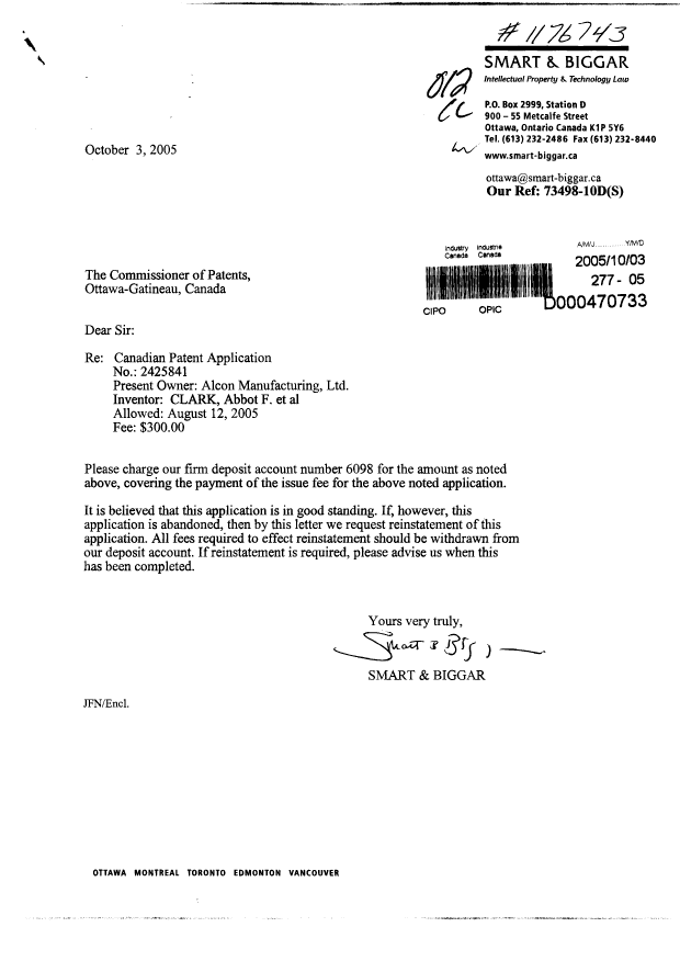 Canadian Patent Document 2425841. Correspondence 20041203. Image 1 of 1