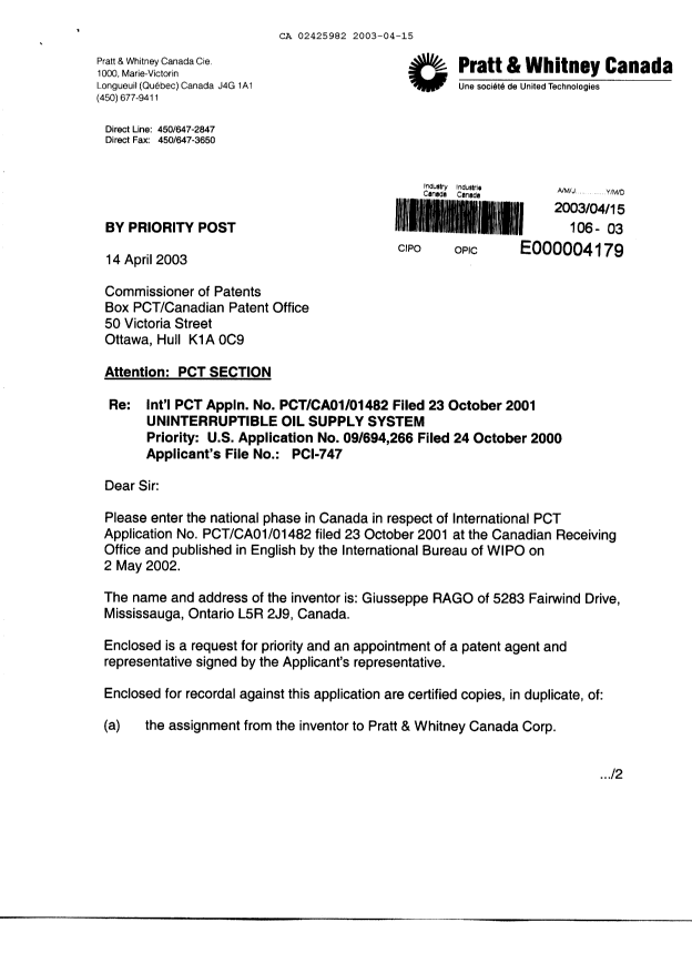 Canadian Patent Document 2425982. Assignment 20030415. Image 1 of 9