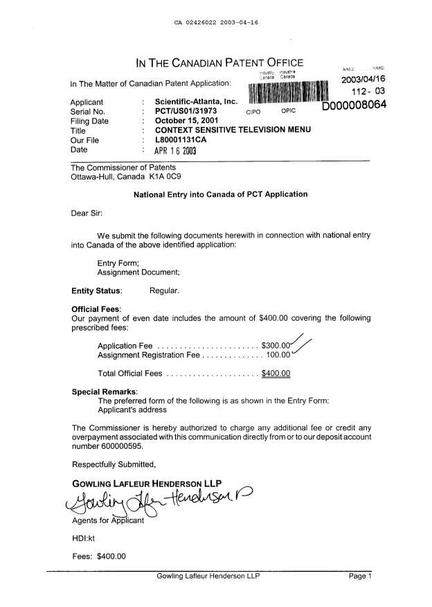 Document de brevet canadien 2426022. Cession 20030416. Image 1 de 9