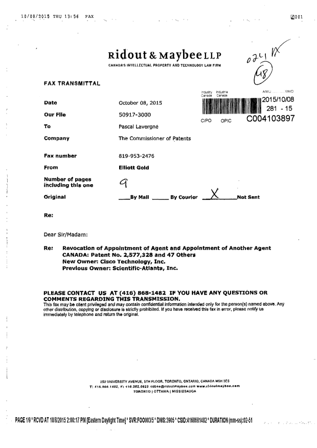 Document de brevet canadien 2426022. Correspondance 20151008. Image 1 de 9