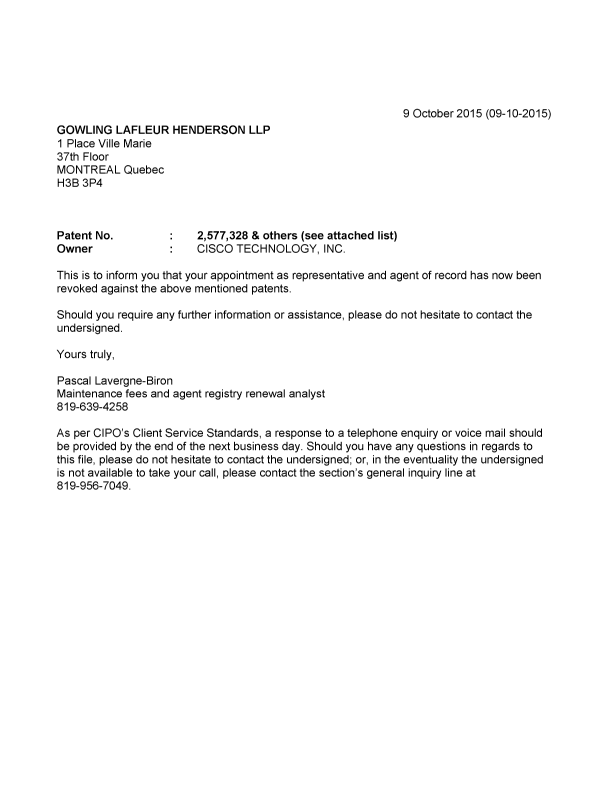 Document de brevet canadien 2426022. Lettre du bureau 20151009. Image 1 de 6