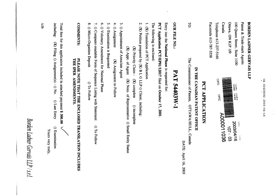 Document de brevet canadien 2426092. Cession 20030416. Image 1 de 3
