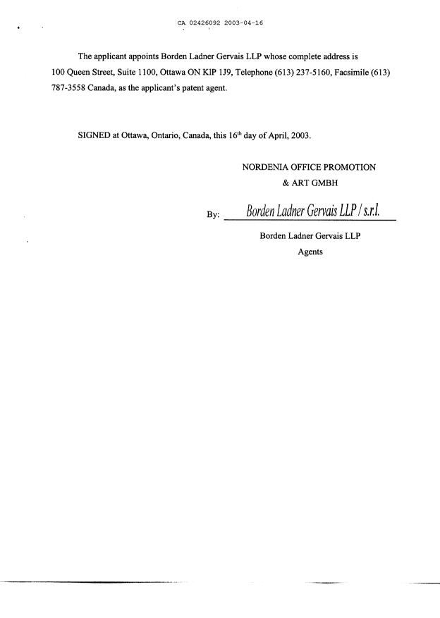 Document de brevet canadien 2426092. Cession 20030416. Image 3 de 3