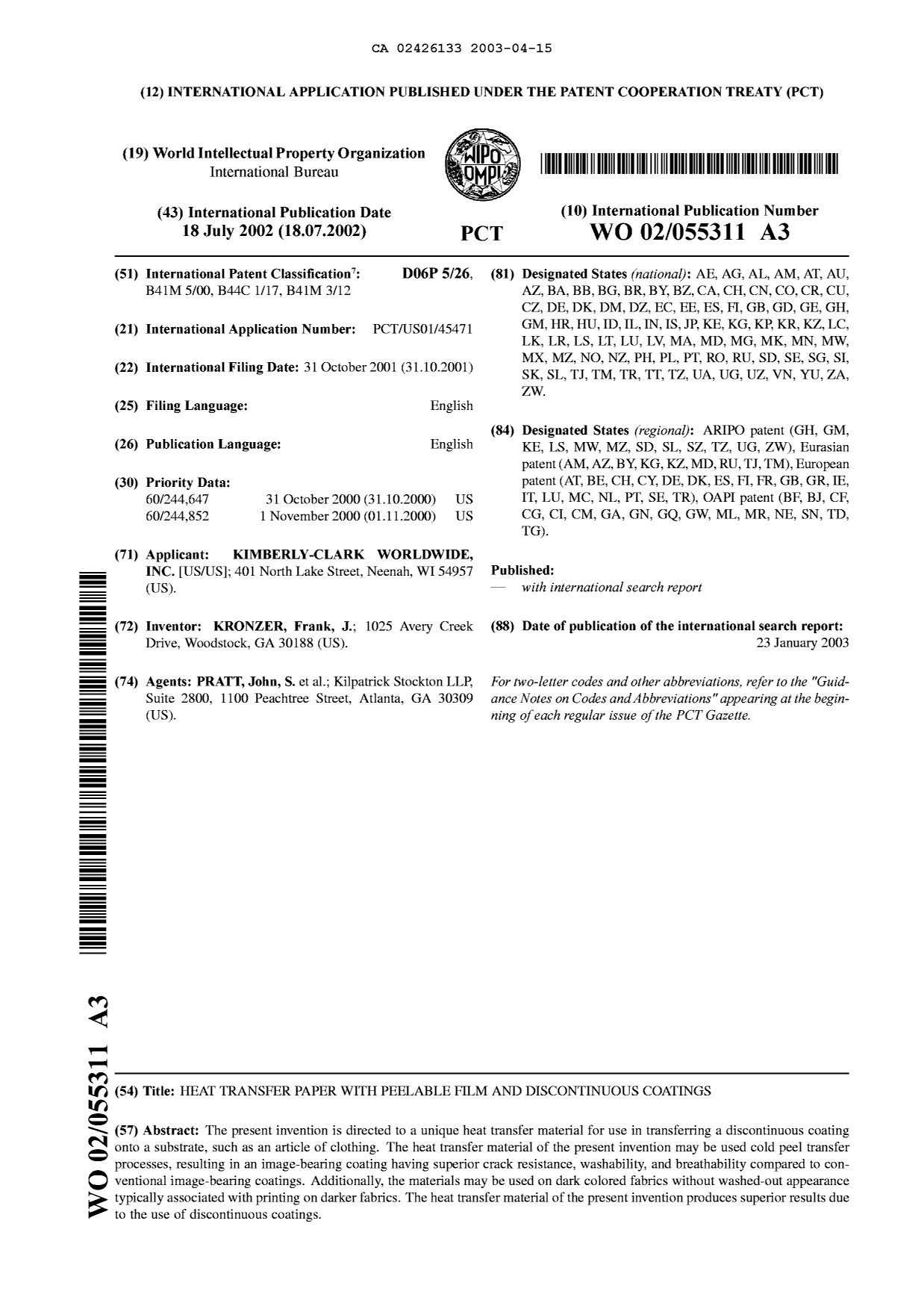 Document de brevet canadien 2426133. Abrégé 20021215. Image 1 de 1
