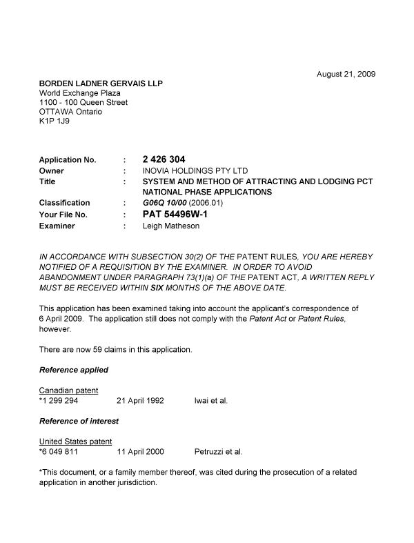 Canadian Patent Document 2426304. Prosecution-Amendment 20081221. Image 1 of 4