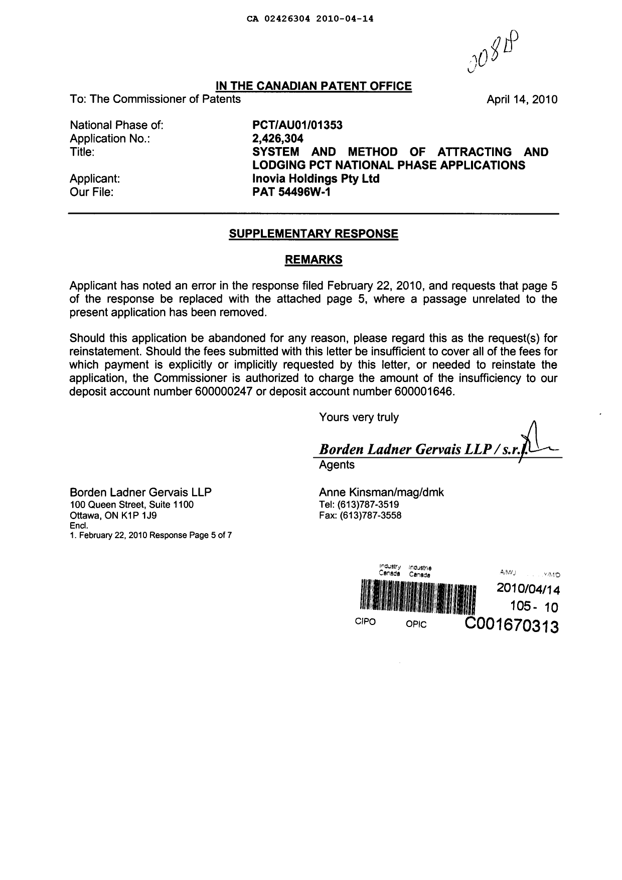 Document de brevet canadien 2426304. Poursuite-Amendment 20091214. Image 1 de 2