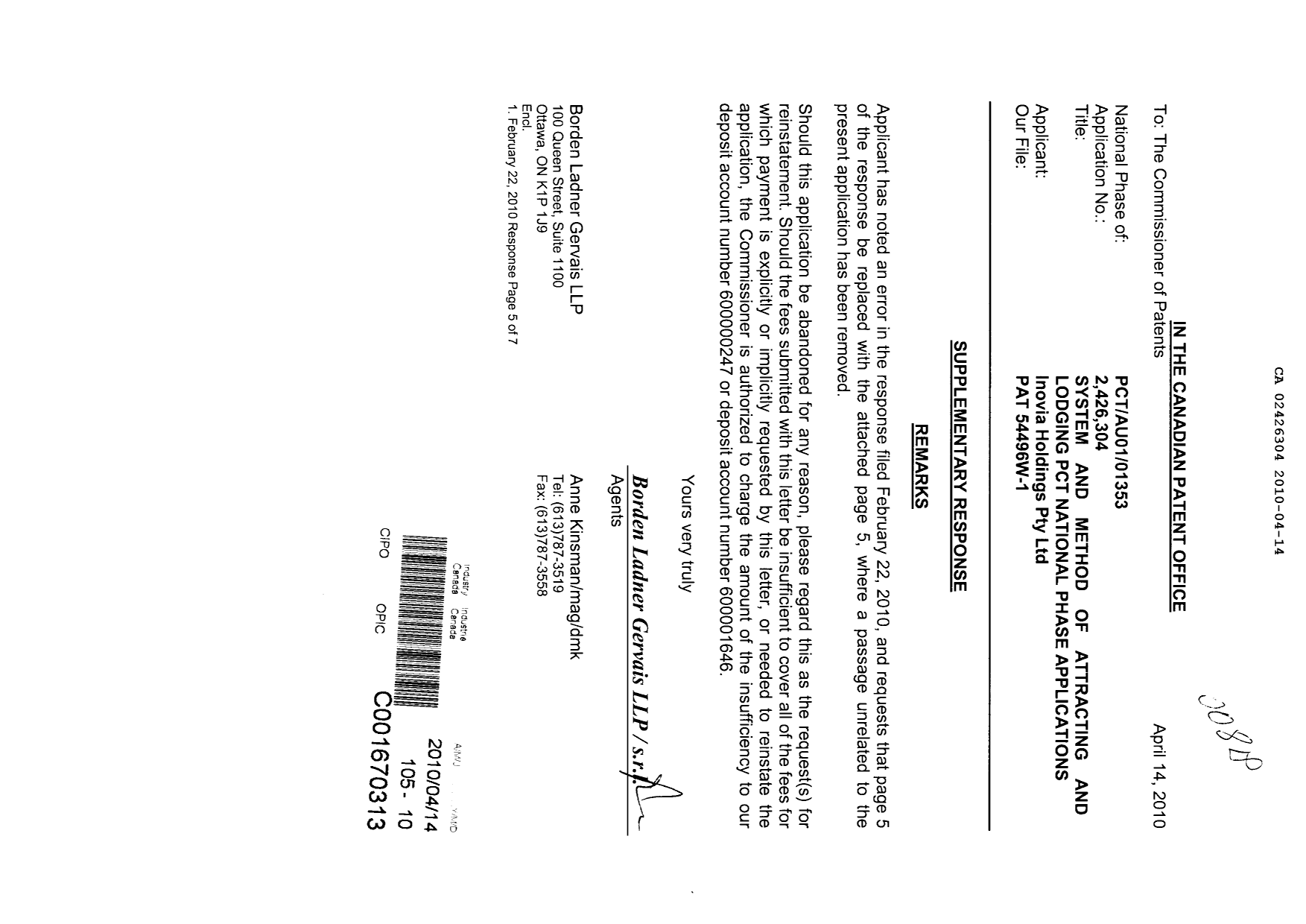 Canadian Patent Document 2426304. Prosecution-Amendment 20091214. Image 1 of 2