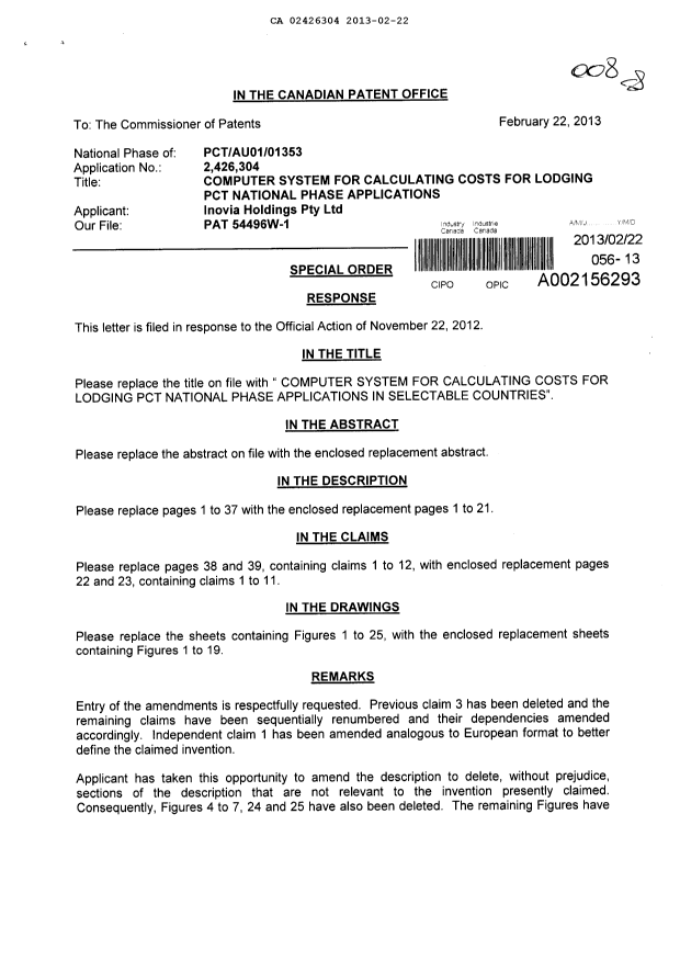 Canadian Patent Document 2426304. Prosecution-Amendment 20121222. Image 1 of 46