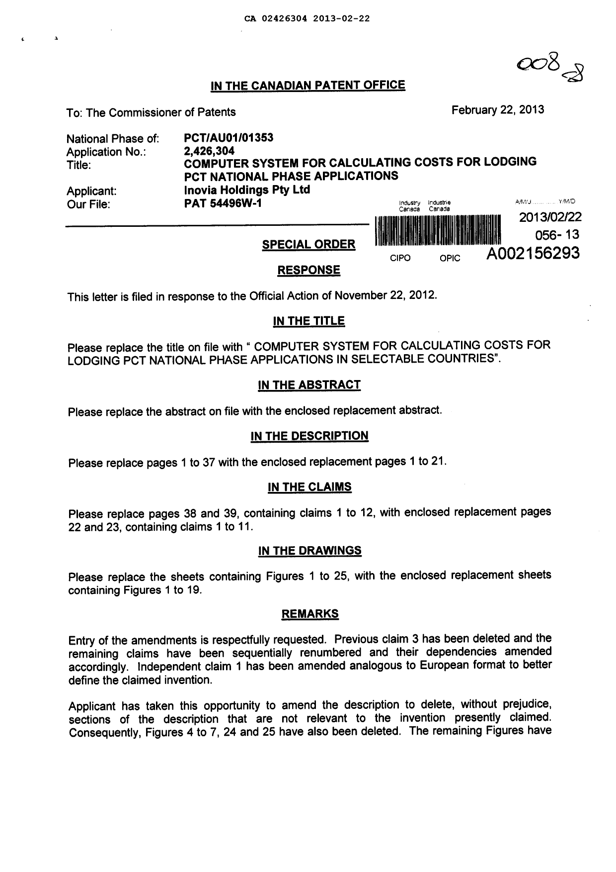 Canadian Patent Document 2426304. Prosecution-Amendment 20121222. Image 1 of 46