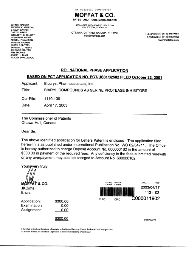 Document de brevet canadien 2426430. Cession 20030417. Image 1 de 3