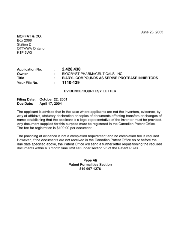 Canadian Patent Document 2426430. Correspondence 20030618. Image 1 of 1