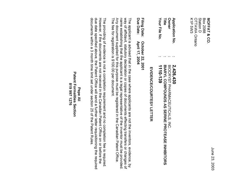 Canadian Patent Document 2426430. Correspondence 20030618. Image 1 of 1
