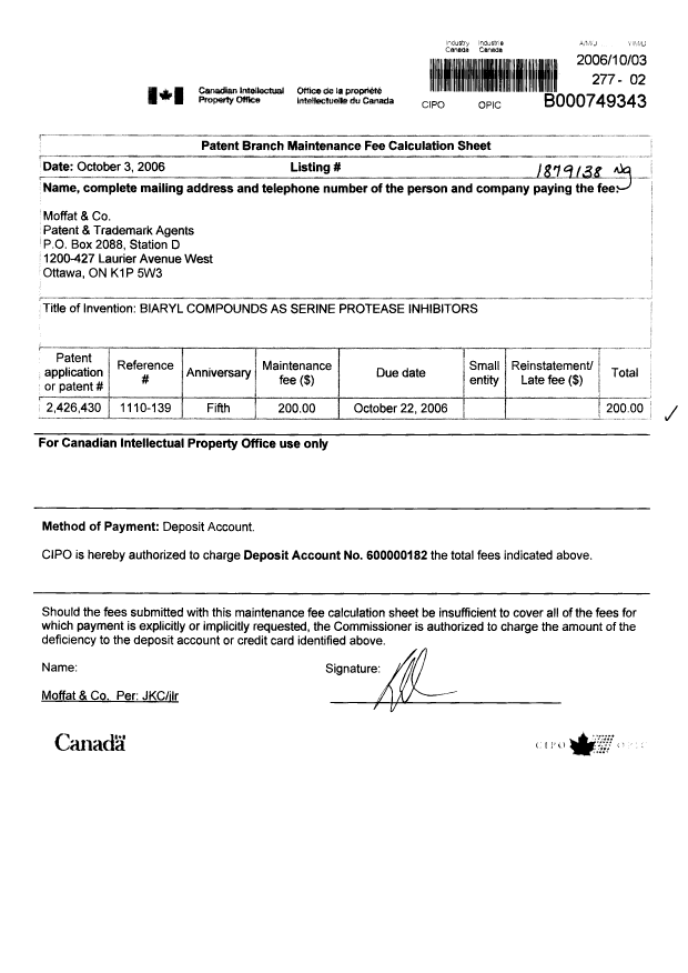 Document de brevet canadien 2426430. Taxes 20061003. Image 1 de 1