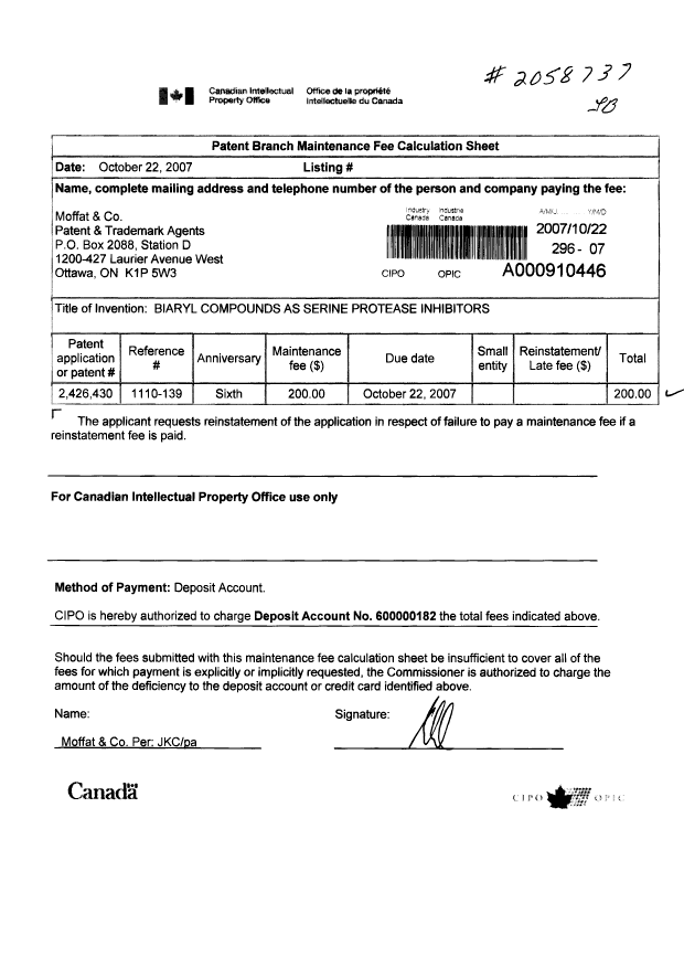 Document de brevet canadien 2426430. Taxes 20071022. Image 1 de 1