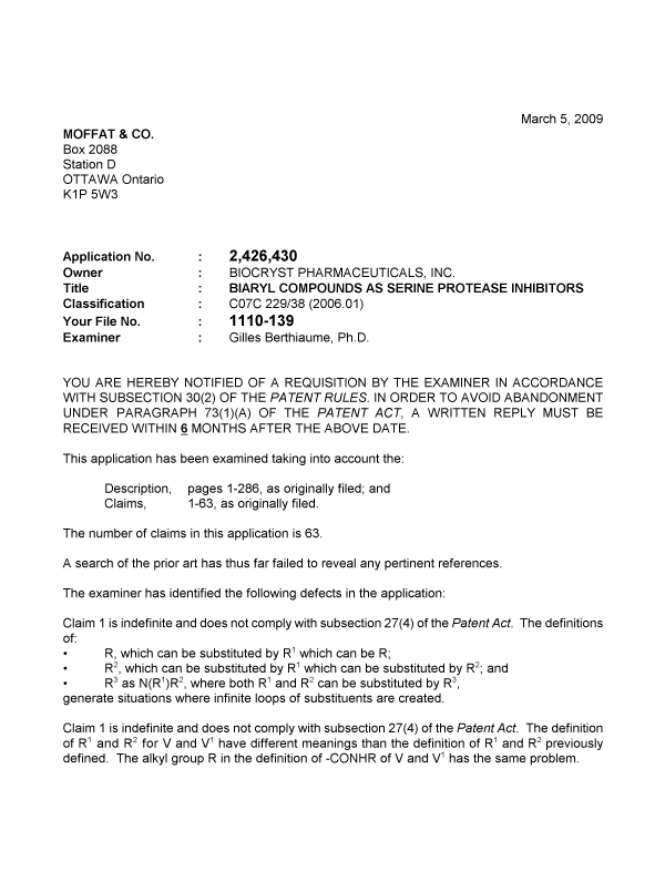 Canadian Patent Document 2426430. Prosecution-Amendment 20090305. Image 1 of 4