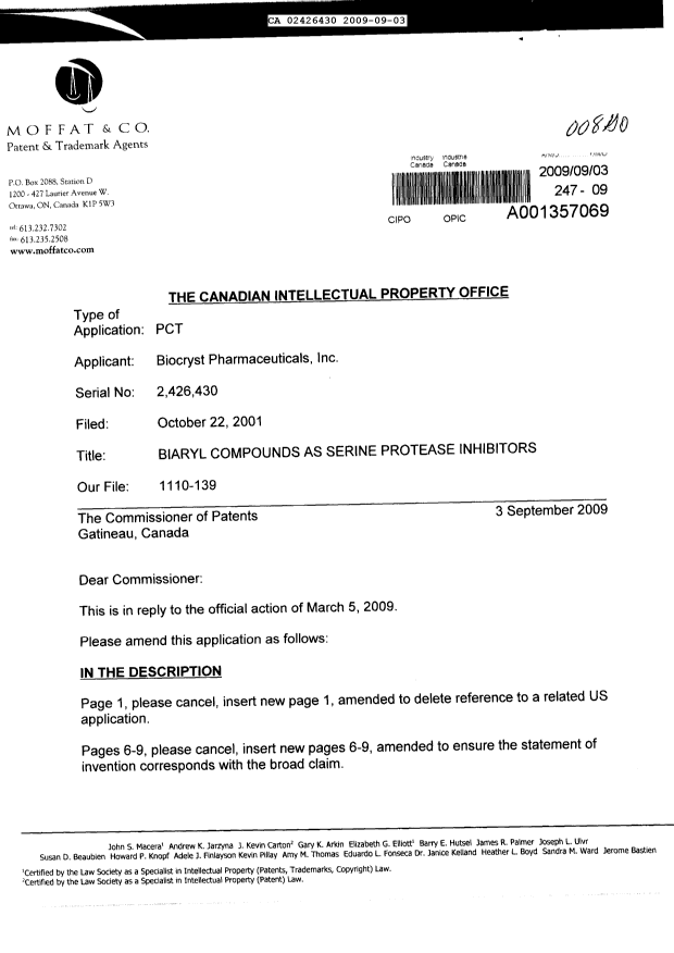 Canadian Patent Document 2426430. Prosecution-Amendment 20090903. Image 1 of 53
