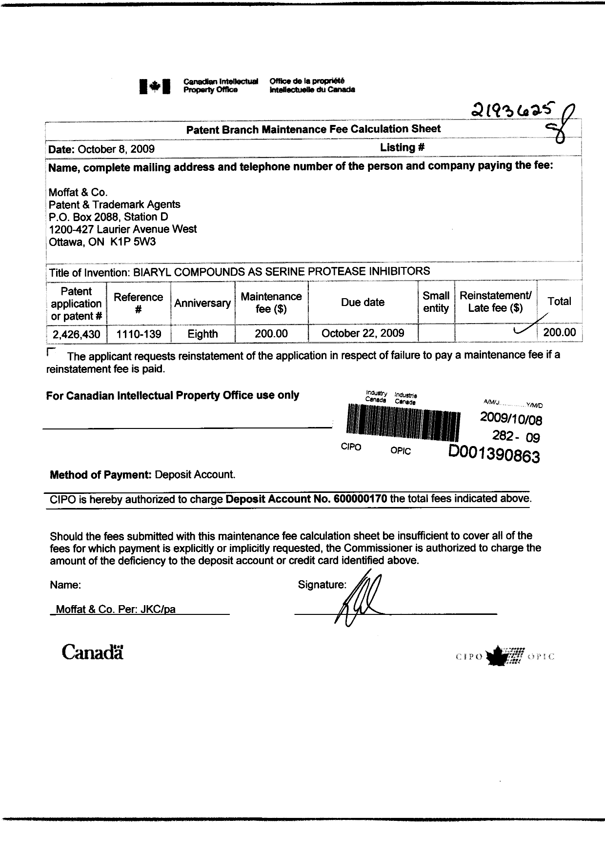 Canadian Patent Document 2426430. Fees 20091008. Image 1 of 1