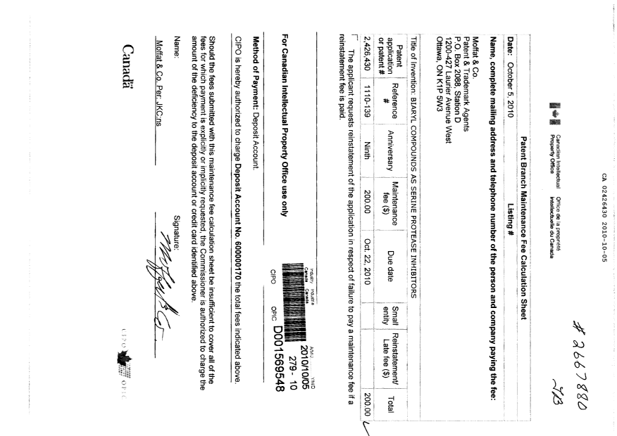Document de brevet canadien 2426430. Taxes 20101005. Image 1 de 1