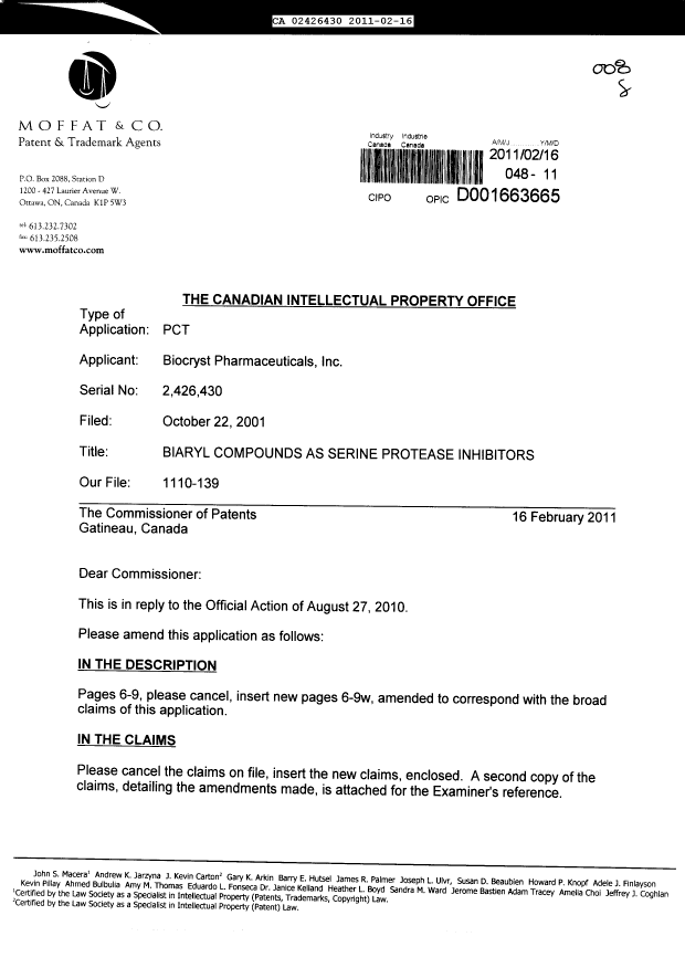 Document de brevet canadien 2426430. Poursuite-Amendment 20110216. Image 1 de 93