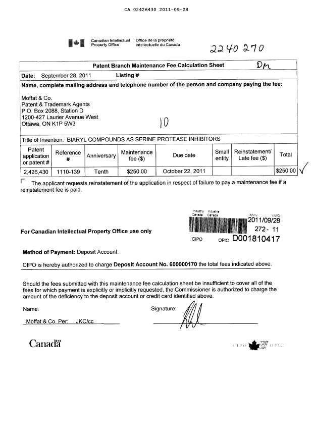 Document de brevet canadien 2426430. Taxes 20110928. Image 1 de 1