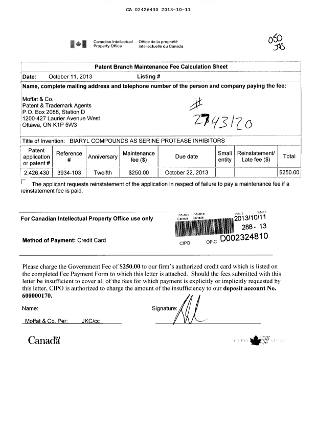 Document de brevet canadien 2426430. Taxes 20131011. Image 1 de 1
