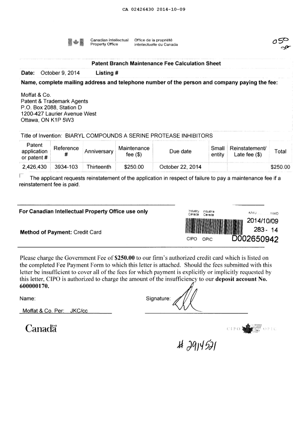 Document de brevet canadien 2426430. Taxes 20141009. Image 1 de 1