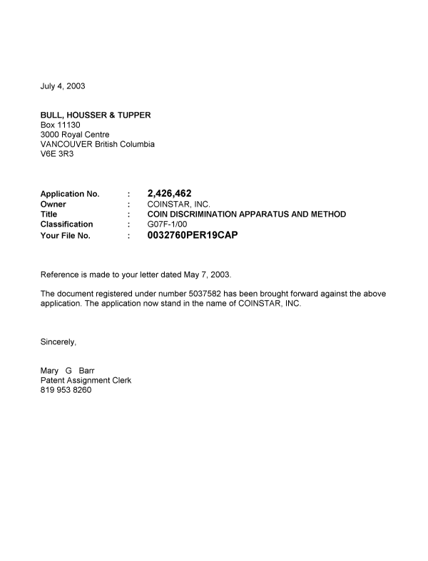 Canadian Patent Document 2426462. Correspondence 20030704. Image 1 of 1