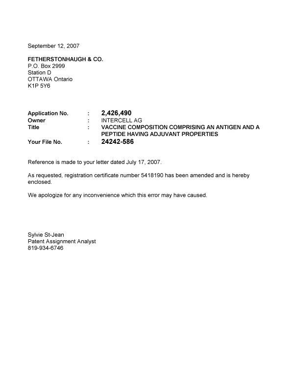 Canadian Patent Document 2426490. Correspondence 20070912. Image 1 of 1