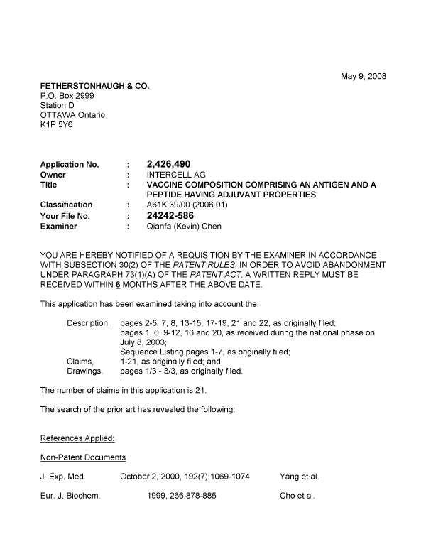 Document de brevet canadien 2426490. Poursuite-Amendment 20080509. Image 1 de 3