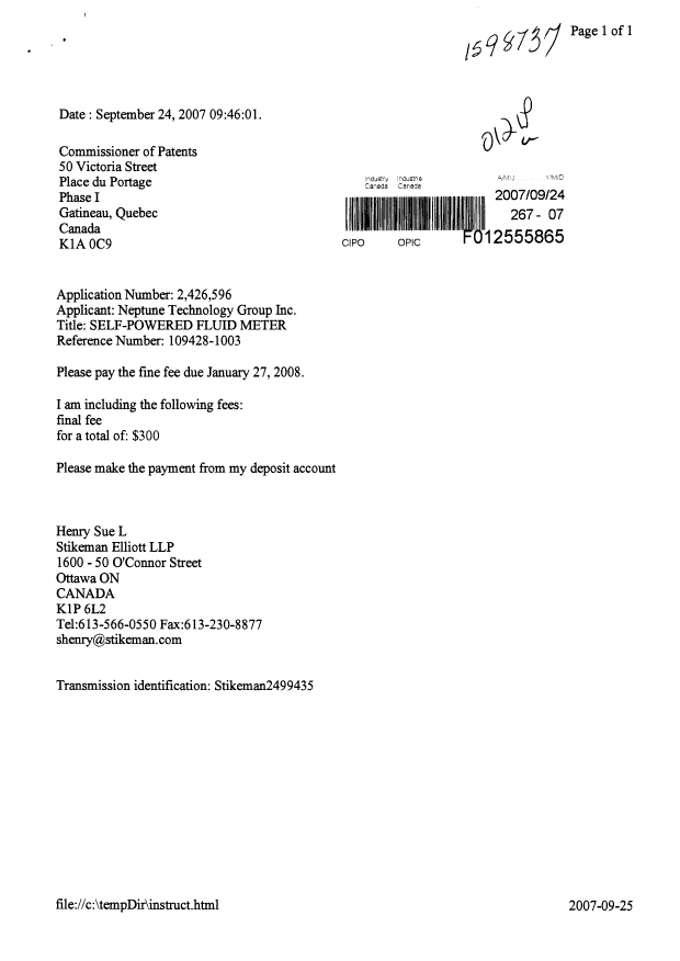 Document de brevet canadien 2426596. Correspondance 20070924. Image 1 de 1