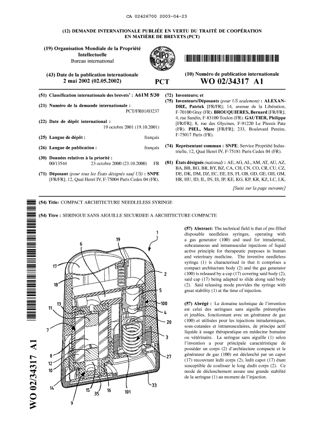 Document de brevet canadien 2426700. Abrégé 20030423. Image 1 de 2