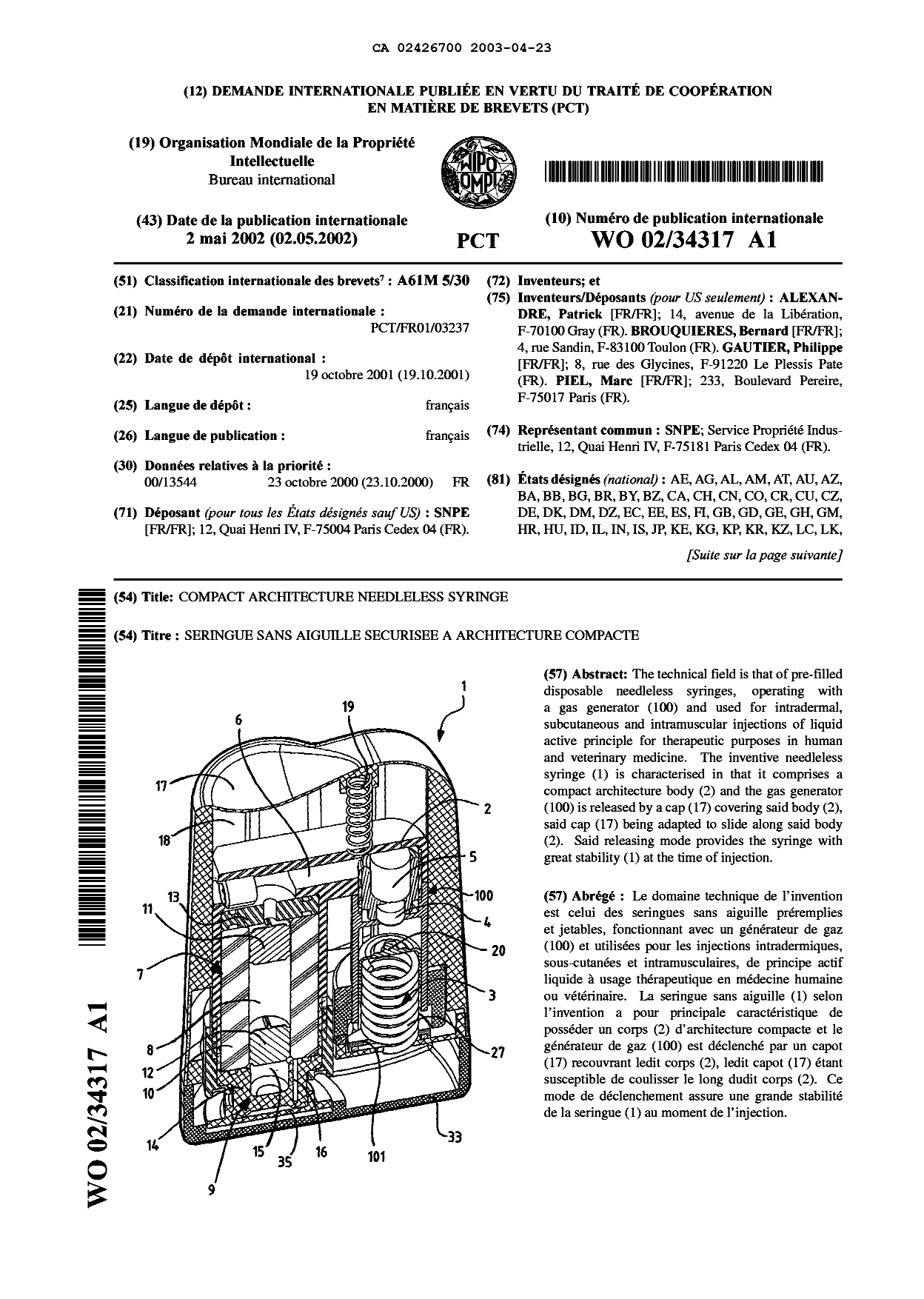 Canadian Patent Document 2426700. Abstract 20030423. Image 1 of 2