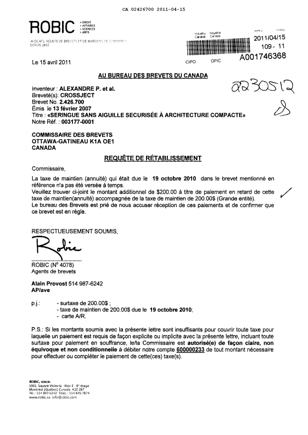 Canadian Patent Document 2426700. Fees 20110415. Image 1 of 1