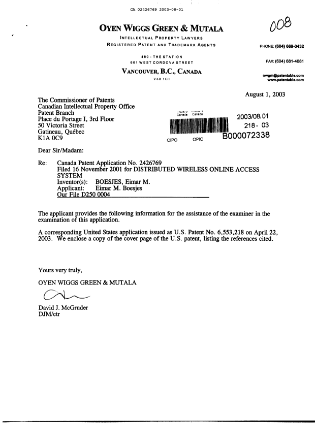 Canadian Patent Document 2426769. Prosecution-Amendment 20030801. Image 1 of 1