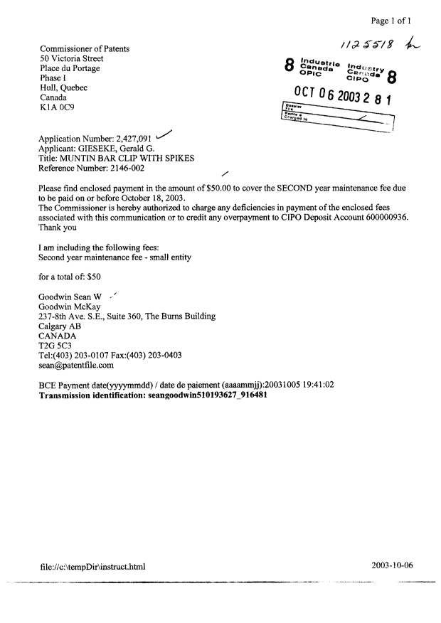 Document de brevet canadien 2427091. Taxes 20031006. Image 1 de 1