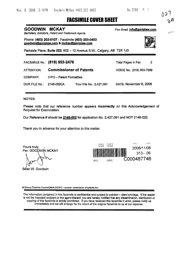 Canadian Patent Document 2427091. Prosecution-Amendment 20061108. Image 1 of 2