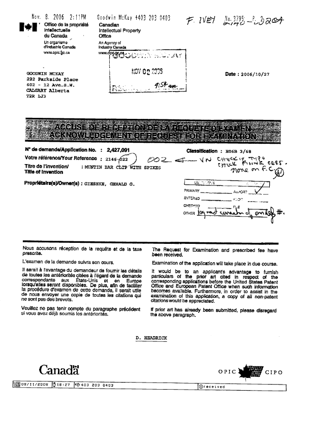 Canadian Patent Document 2427091. Prosecution-Amendment 20061108. Image 2 of 2