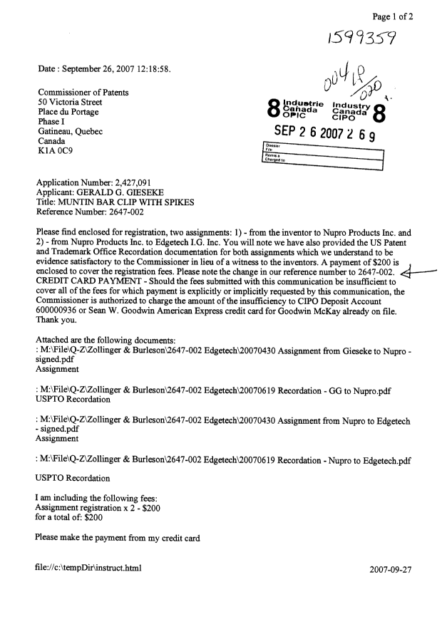Document de brevet canadien 2427091. Correspondance 20070926. Image 1 de 2