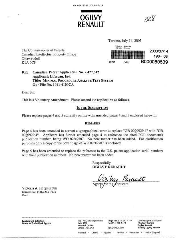 Canadian Patent Document 2427542. Prosecution-Amendment 20030714. Image 1 of 3