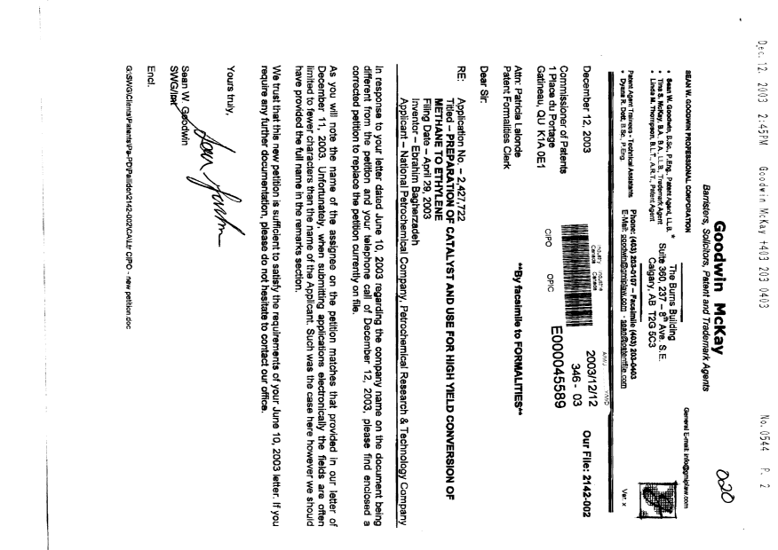 Canadian Patent Document 2427722. Correspondence 20031212. Image 1 of 4