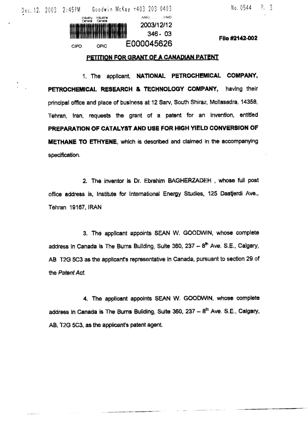 Canadian Patent Document 2427722. Correspondence 20031212. Image 2 of 4