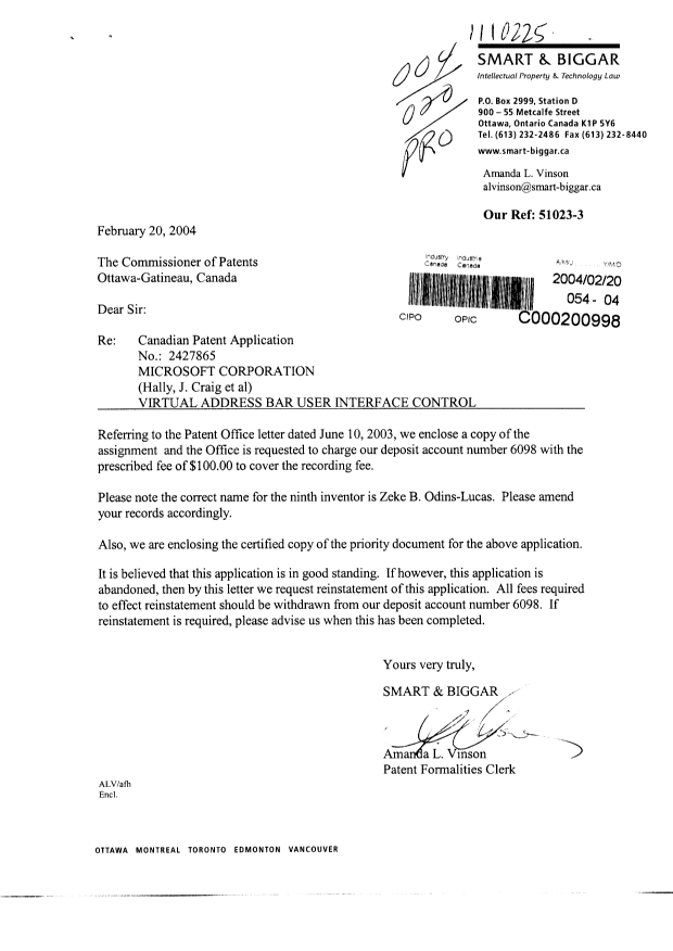 Canadian Patent Document 2427865. Correspondence 20031220. Image 1 of 1