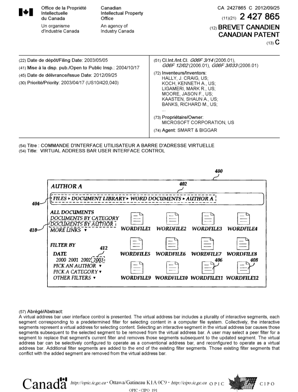 Canadian Patent Document 2427865. Cover Page 20111227. Image 1 of 2