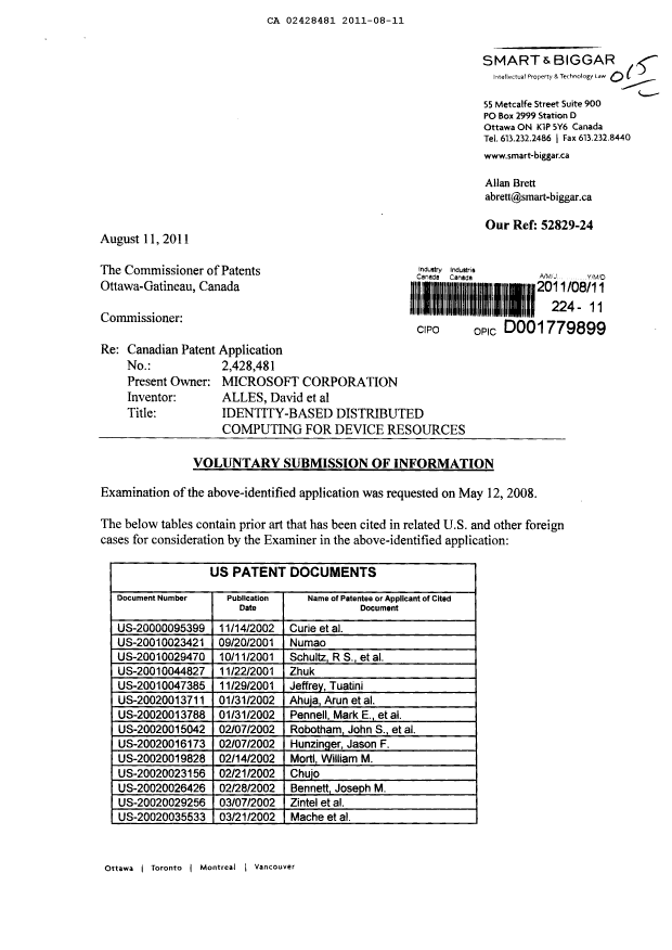 Canadian Patent Document 2428481. Prosecution-Amendment 20110811. Image 1 of 14