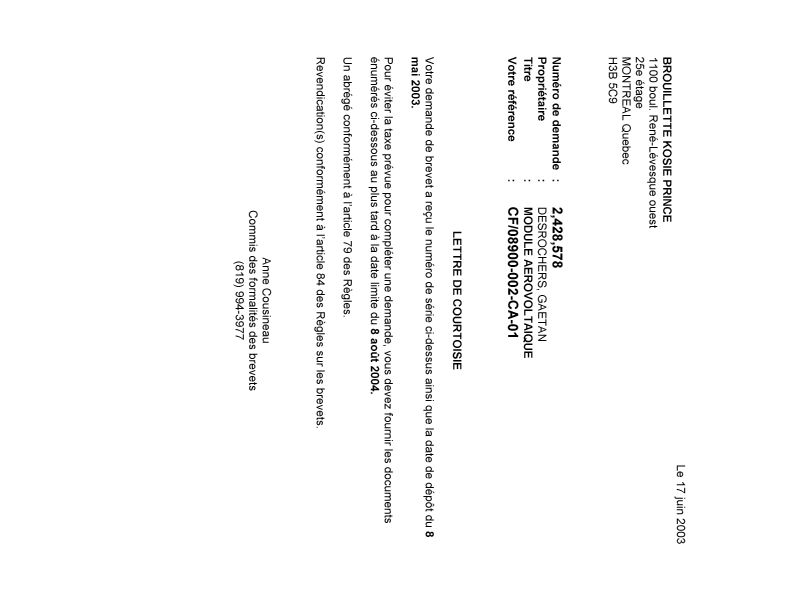 Document de brevet canadien 2428578. Correspondance 20030611. Image 1 de 1