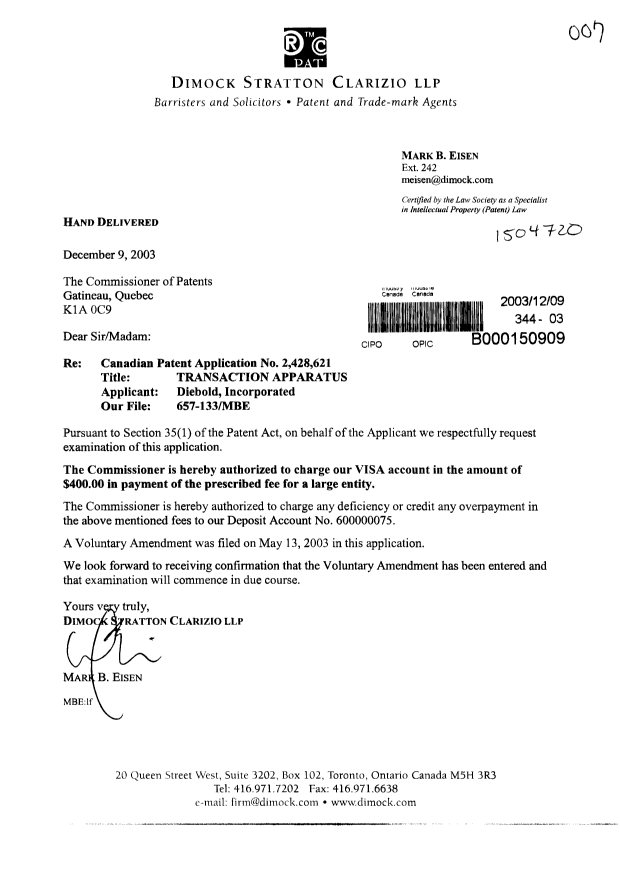 Canadian Patent Document 2428621. Prosecution-Amendment 20031209. Image 1 of 1