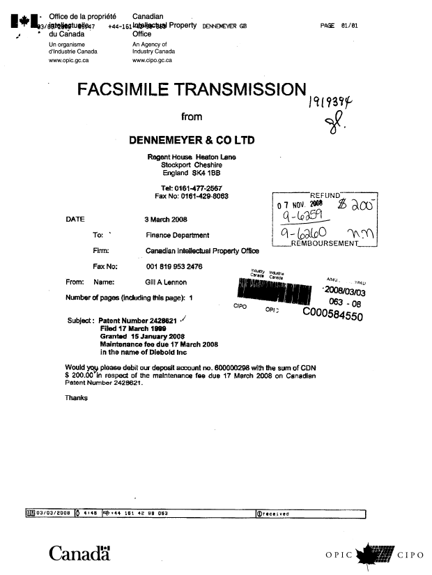 Canadian Patent Document 2428621. Fees 20080303. Image 1 of 1
