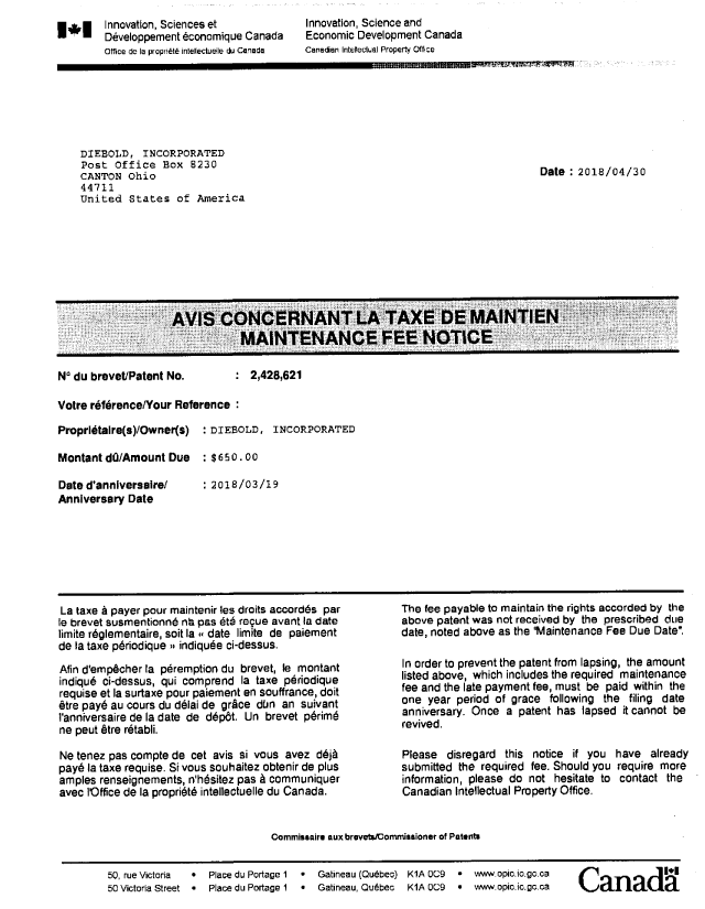 Document de brevet canadien 2428621. Courrier retourné 20180604. Image 1 de 2