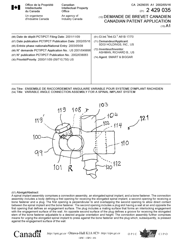 Canadian Patent Document 2429035. Cover Page 20021217. Image 1 of 1