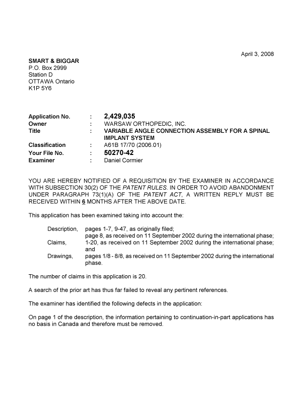 Canadian Patent Document 2429035. Prosecution-Amendment 20071203. Image 1 of 2